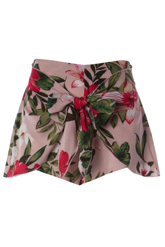 Peach Floral Print Bow Shorts